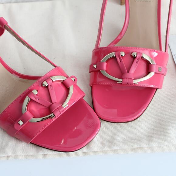 Valentino Hot Pink Patent Leather Silver V Logo Open Toe Kitten Heels - Picture 6 of 12